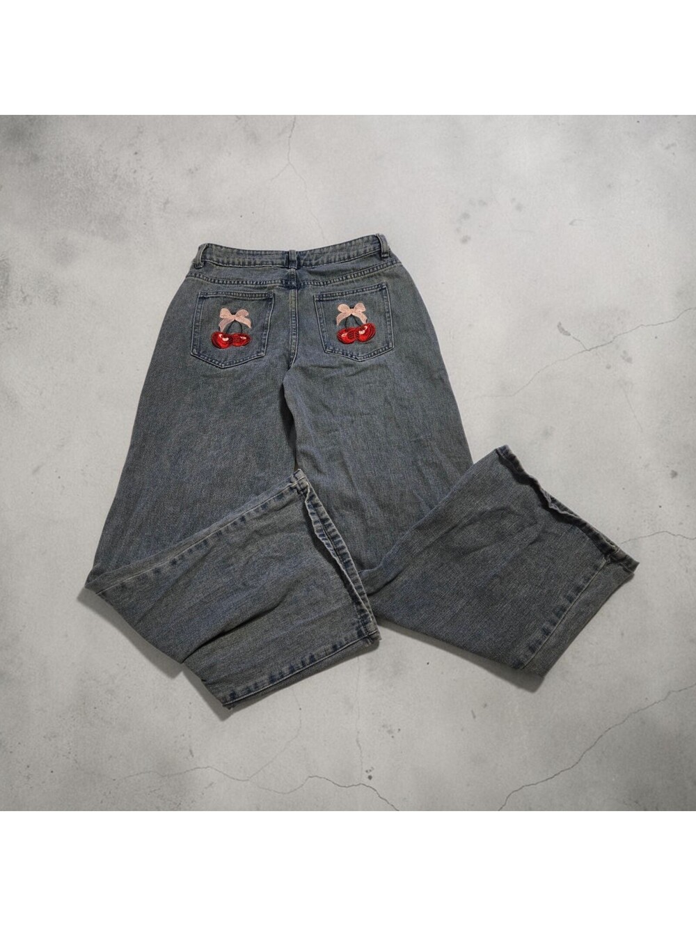 J For Justify Coquette Cherry Bow Embroidered Wide Leg Jeans Y2K Sz 3